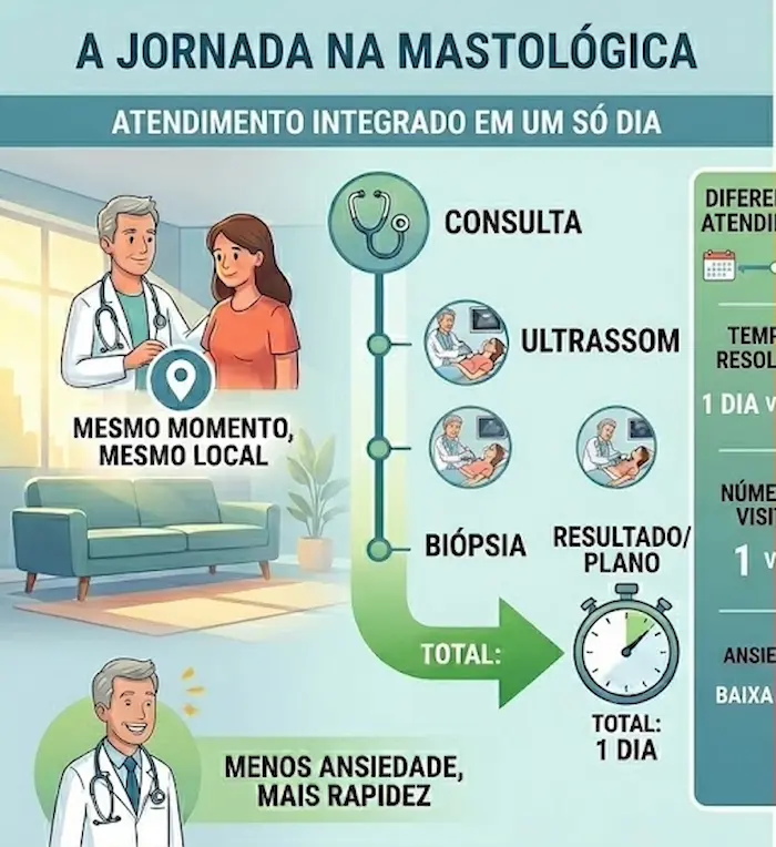 Infográfico demonstrando a facilidade que a paciente encontra na Mastológica.